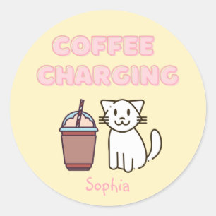 Sticker Rond Cuite Blanc Chat & Drôle Café Café Caféine Pastel