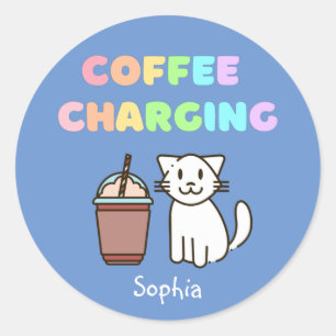 Sticker Rond Cuite Blanc Chat & Drôle Café Caféine Classe Arc-e