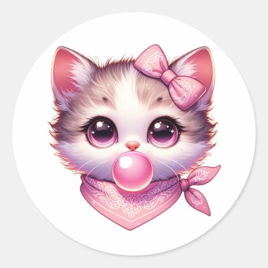 Sticker Rond Cuite Coquette Chat Rose Bow Bandanna Bubble Gum (Devant)