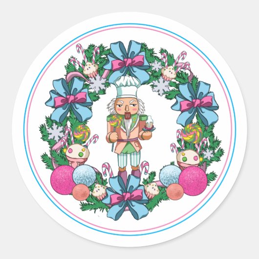 Sticker Rond Cuite Rose Et Bleu Casse-Noisette De Noël Wreath (Devant)