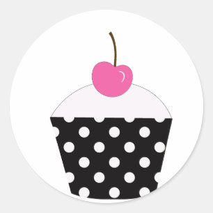 Sticker Rond Cupcake à croûte noire et blanche avec cerise rose