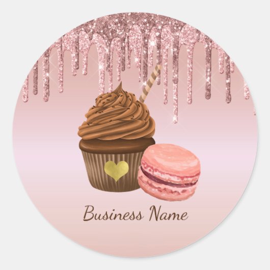 Sticker Rond Cupcake Bakery Pastry Chef Glitter Drips Rose Gold (Devant)