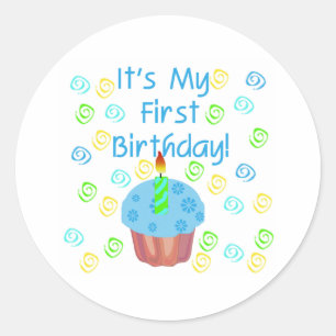 Sticker Rond Cupcake bleu avec bougie Premier anniversaire
