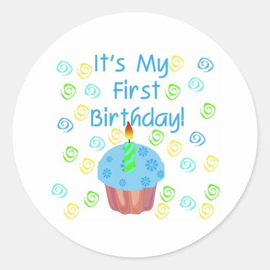 Sticker Rond Cupcake bleu avec bougie Premier anniversaire (Devant)