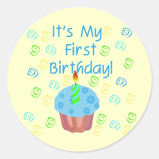 Sticker Rond Cupcake bleu avec bougie Premier anniversaire (Devant)