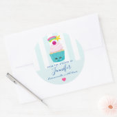 Sticker Rond Cupcake bleu mignonne avec cuisine Kawaii face (Enveloppe)