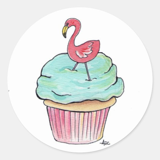 Sticker Rond Cupcake Flamant rose rose (Devant)
