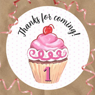 Sticker Rond Cupcake Merci Rose fille 1er anniversaire