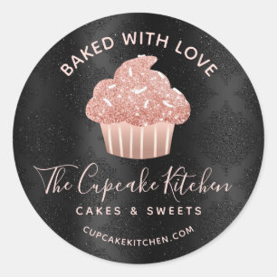 Sticker Rond Cupcake Noir Pailleté Rose Gold Cuisson Amour