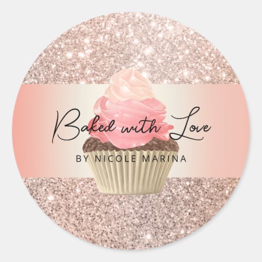 Sticker Rond Cupcake Or rose Cuit Avec Amour Personnalisé (Devant)