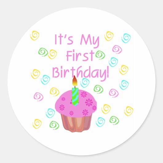 Sticker Rond Cupcake Rose Avec Bougie Premier Anniversaire (Devant)