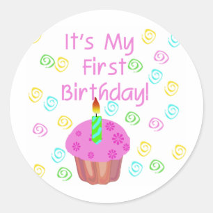 Sticker Rond Cupcake Rose Avec Bougie Premier Anniversaire