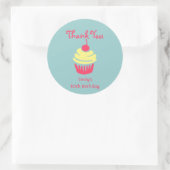 Sticker Rond Cupcake rose et jaune Merci d'anniversaire (Sac)