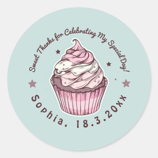 Sticker Rond Cupcake Sweet Merci de fête d'anniversaire (Devant)
