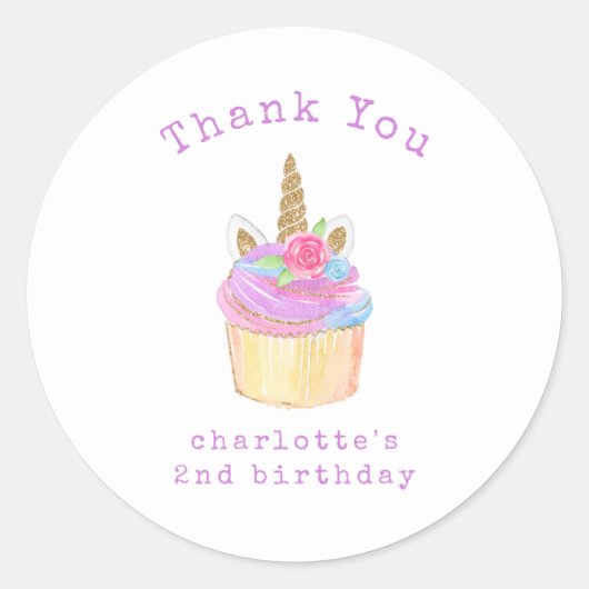 Sticker Rond Cupcake Unicorn fille Anniversaire Merci (Devant)