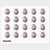 Sticker Rond cupcake violet avec fleurs anniversaire (Feuille)