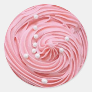 Sticker Rond Cupcakes congelés à la fraise rose avec bonbon Pea
