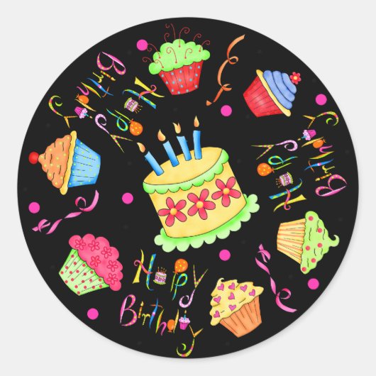 Sticker Rond Cupcakes et gâteaux noirs Joyeux anniversaire (Devant)