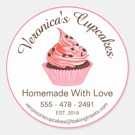 Sticker Rond Cupcakes Maison Avec Amour Avec Coordonnées (Devant)