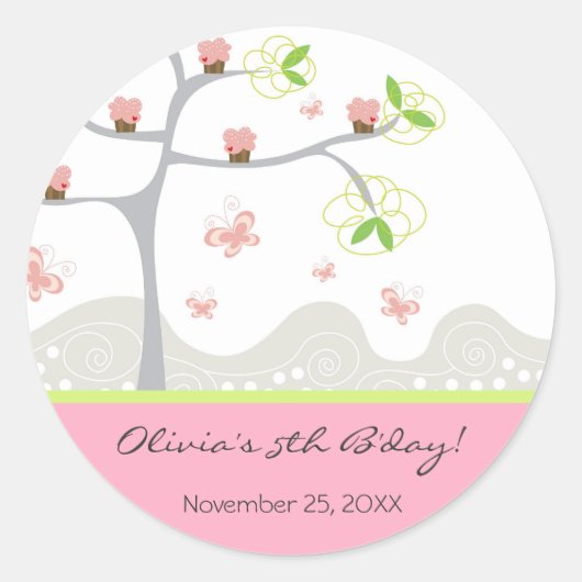 Sticker Rond Cupcakes Whimsical Tree Butterflies Sweet Birthday (Devant)