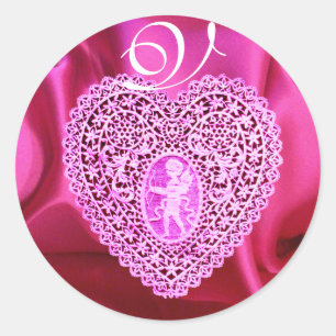 Sticker Rond CUPID LACE COEUR SOIE FUCHSIA VÊTEMENT, Violet ros