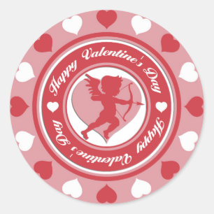 Sticker Rond Cupidon et coeurs rouges de Saint-Valentin