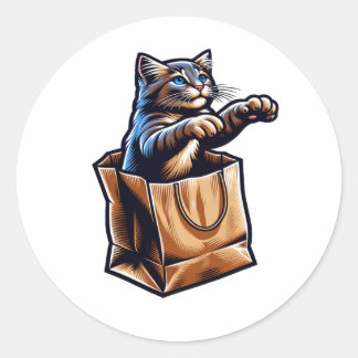 Sticker Rond Curieux chat dans un sac en papier