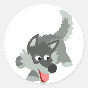 Sticker Rond Curieux petit loup de caricature