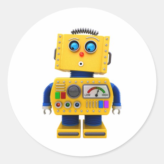Sticker Rond Curieux robot jouet regardant vers le bas (Devant)