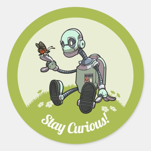Sticker Rond Curious Robot Voit Son Premier Papillon Cartoon (Devant)