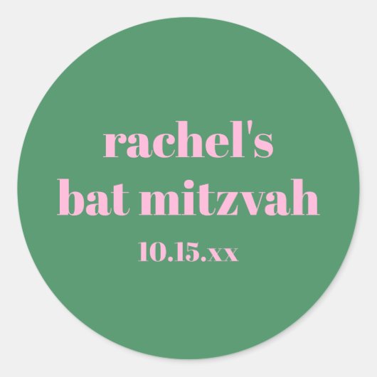 Sticker Rond Custom Bold Pink Green Cute  Modern Bat Mitzvah (Devant)