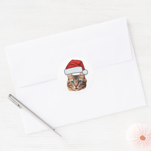 Sticker Rond Custom Cat Face Photo Santa Hat Christmas (Enveloppe)