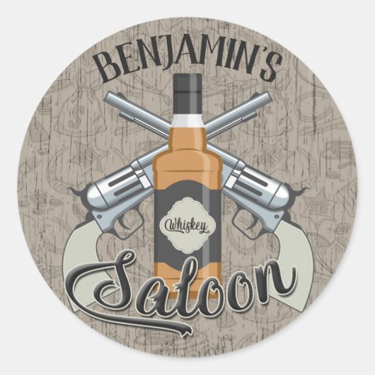 Sticker Rond Custom Cowboy Revolver Gun Whiskey Saloon (Devant)