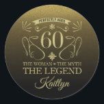 Sticker Rond Custom Cute Happy 60th Birthday<br><div class="desc">Fournitures élégantes personnalisables pour les fêtes d'anniversaire pour les femmes,  avec parties scintillant en faux noir et or. Personnalisez-le en ajoutant le nom de la fille d'anniversaire.</div>