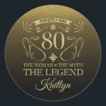 Sticker Rond Custom Cute Happy 80th Birthday<br><div class="desc">Fournitures élégantes personnalisables pour les fêtes d'anniversaire pour les femmes,  avec parties scintillant en faux noir et or. Personnalisez-le en ajoutant le nom de la fille d'anniversaire.</div>