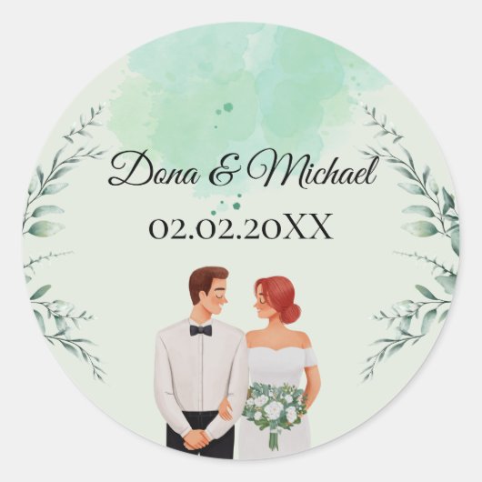 Sticker Rond Custom green watercolor flowy wedding (Devant)