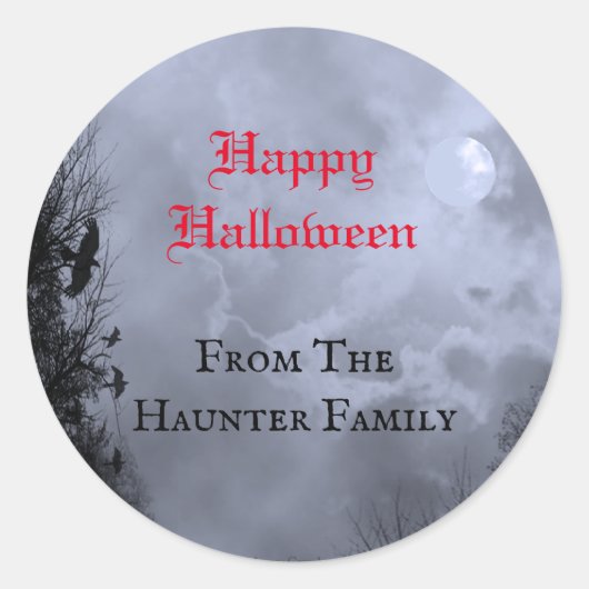 Sticker Rond Custom Happy Halloween Pleine lune rouge et corbea (Devant)