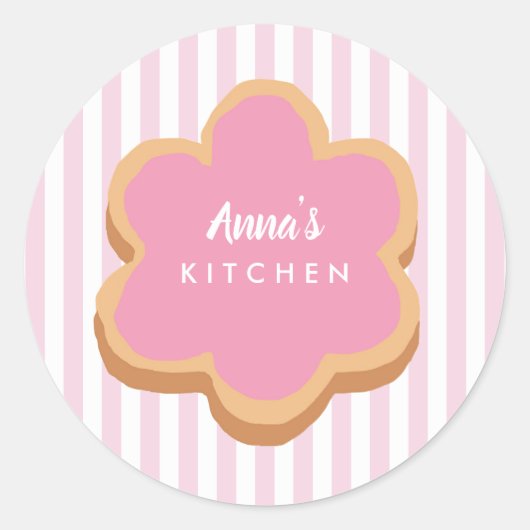 Sticker Rond Custom Name Cookie Pink Stripe Kitchen (Devant)