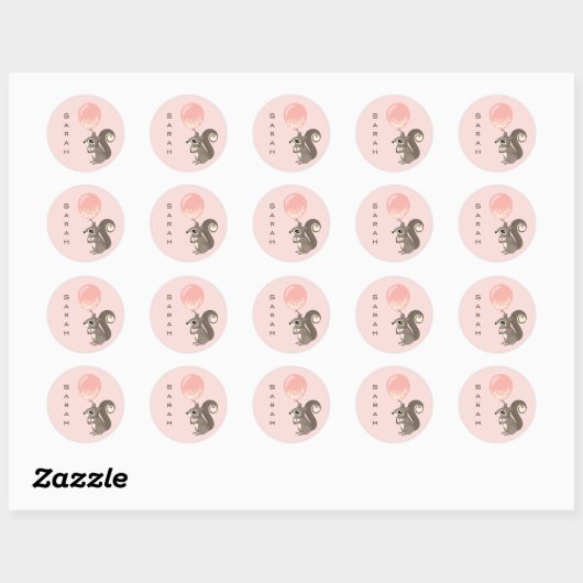 Sticker Rond Custom Name Squirrel with Pink Balloon (Feuille)