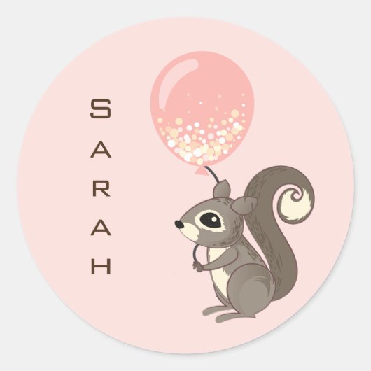 Sticker Rond Custom Name Squirrel with Pink Balloon (Devant)