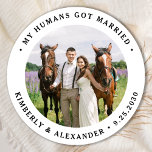 Sticker Rond Custom Photo Just Married Personalized Wedding<br><div class="desc">Add the finishing touch to your pet wedding announcements with these custom photo, and personalized 'My Humans Got Married stickers. Customize with your favorite photo,  names and date. COPYRIGHT © 2020 Judy Burrows,  Black Dog Art - All Rights Reserved. Custom Photo Just Married Personalized Wedding Classic Round Sticker</div>