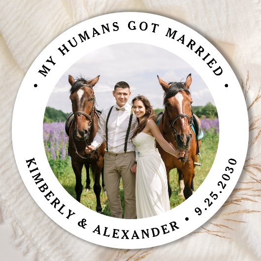 Sticker Rond Custom Photo Just Married Personalized Wedding