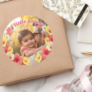Sticker Rond Custom Photo My Little Angel Floral