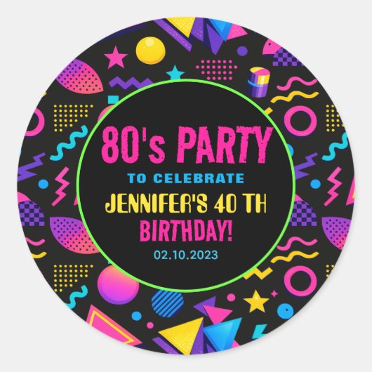 Sticker Rond Custom Retro Neon 80’s Birthday – Fun Adult (Devant)