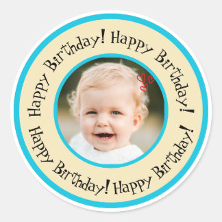 Sticker Rond Custom Round Birthday Photo Beige & Turquoise