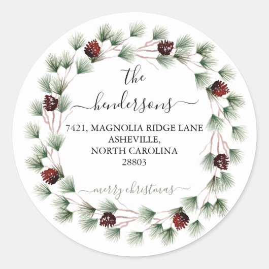 Sticker Rond Custom Script Return Address Text Holiday Wreath (Devant)