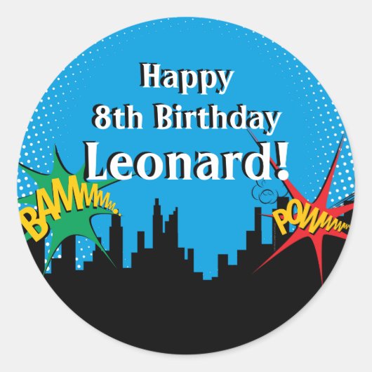 Sticker Rond Custom Superhero Comic Boy's Birthday Party (Devant)