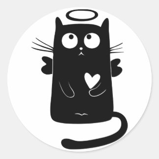 Sticker Rond Cute Angel Noir Chat