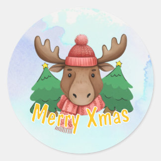 Sticker Rond Cute Animal Moose Blue Watercolor Merry Xmas