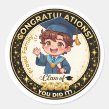 Cute Anime Boy Graduation Class of 2026 Gold 